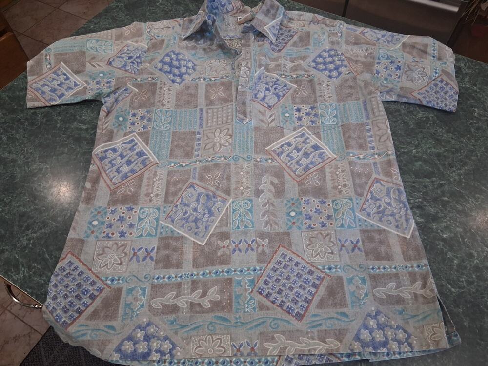 Vintage Go Barefoot Hawaiian Tradition Shirt L 100% Cotton USA Floral Patchwork